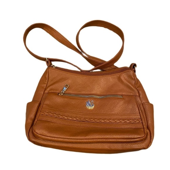 Brown Multi-Sectioned Shoulder Purse - Gold Swan & Zipper Detail - Picture 1 of 6